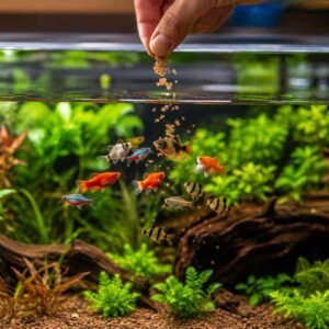 Person sprinkling fish food into a planted freshwater aquarium