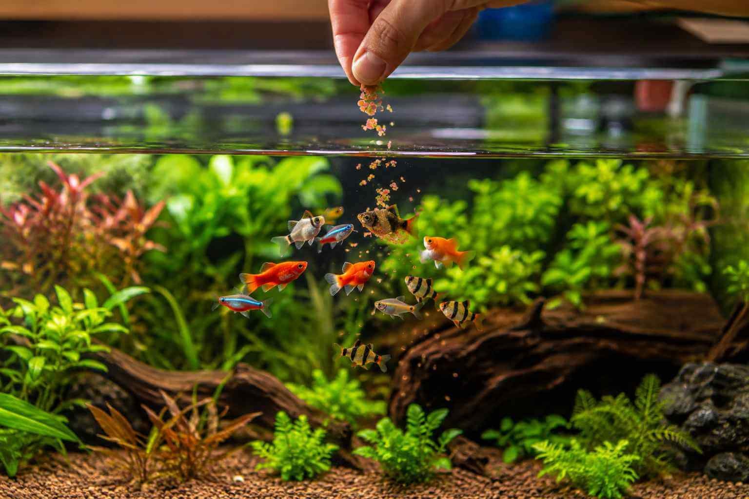 Person sprinkling fish food into a planted freshwater aquarium