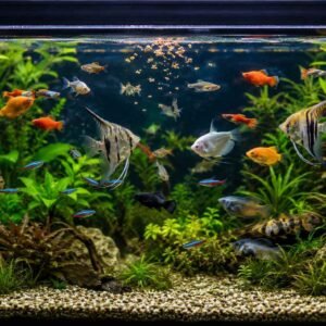 Densely stocked aquarium showing multiple fish competing for food